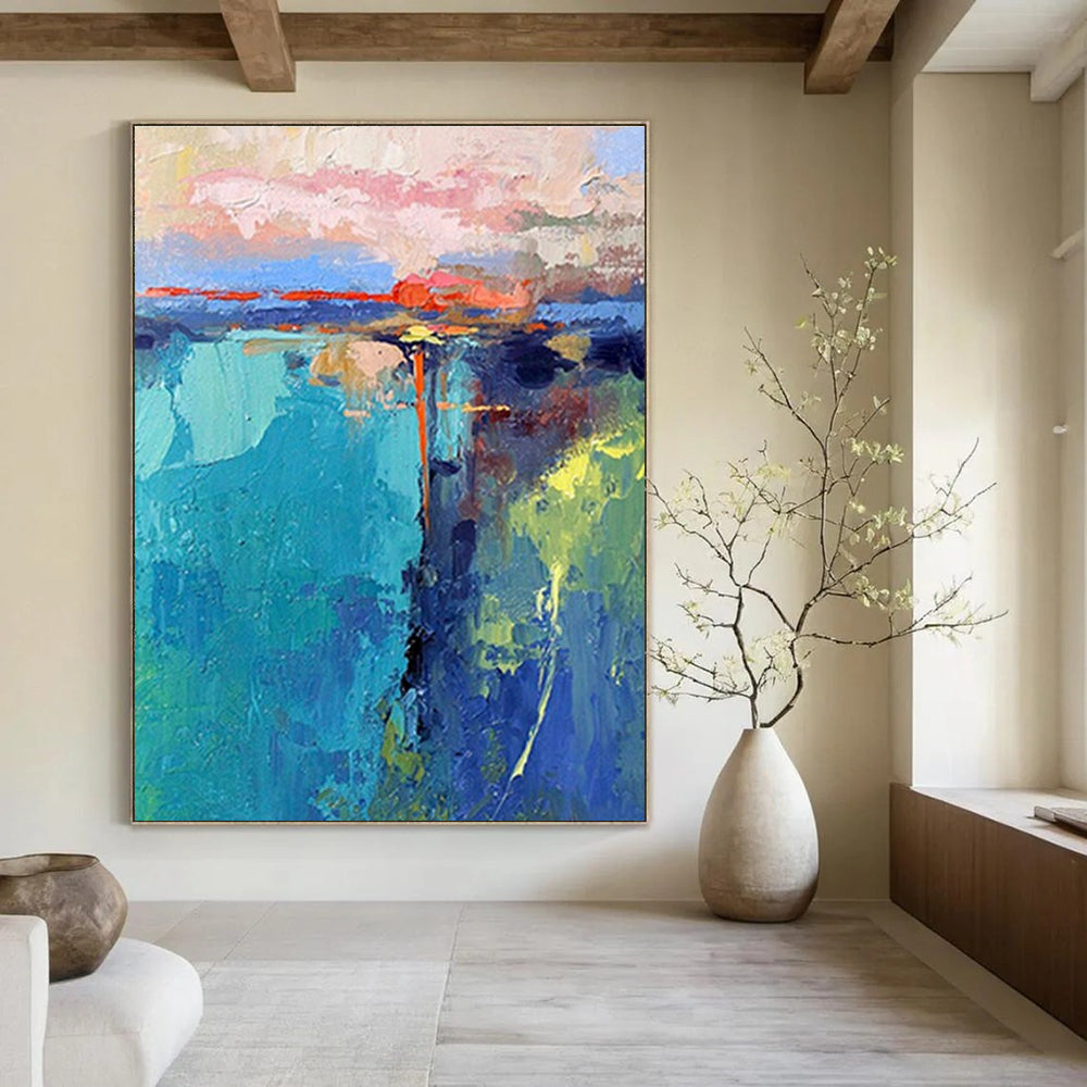 Turquoise, Pink, and Orange Abstract Coastal Painting For Sale Online WS483
