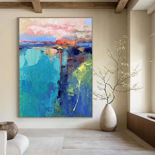 Turquoise, Pink, and Orange Abstract Coastal Painting For Sale Online WS483