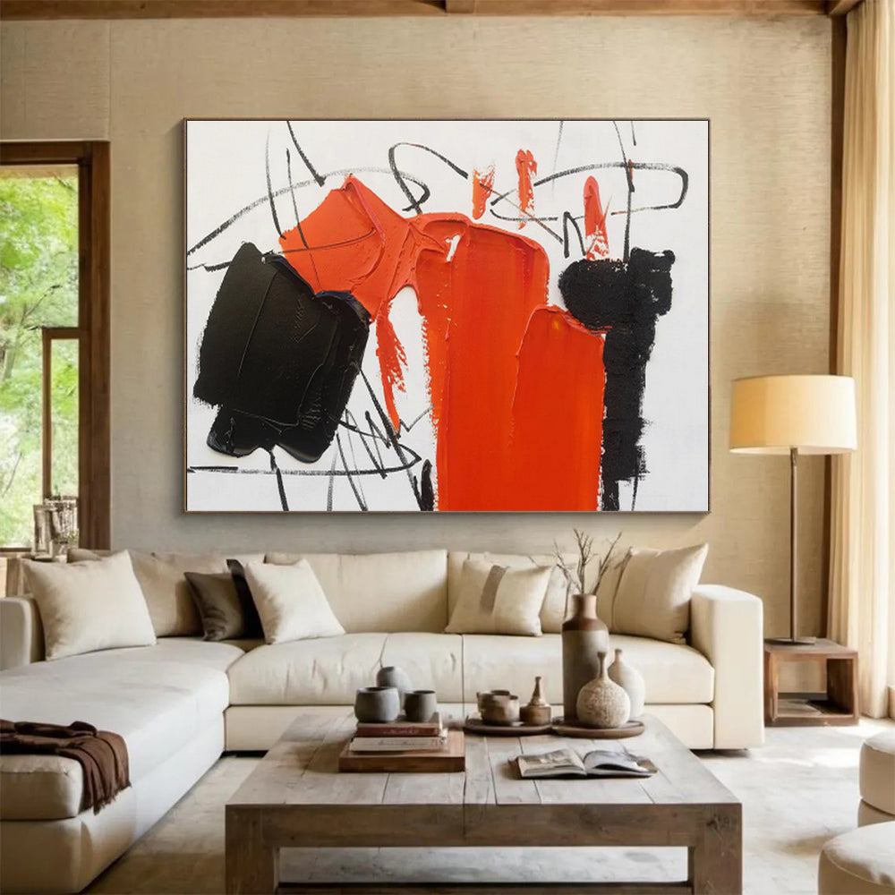 Modern Art Acrylic with Orange, Black and White Colors, Bold Abstract Theme HS477