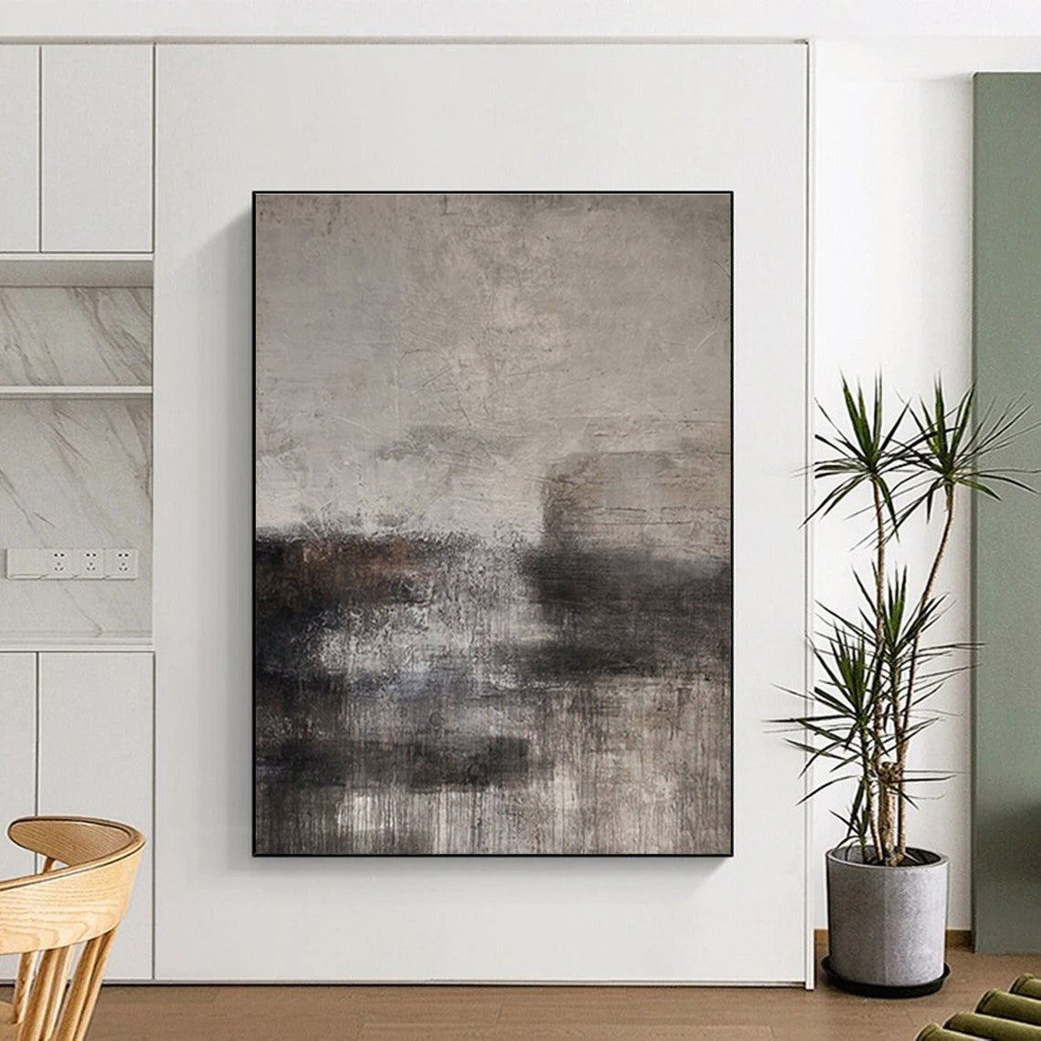 Unique Abstract Art Gray & Black Textured Abstract, Large Contemporary Wall Art HS309
