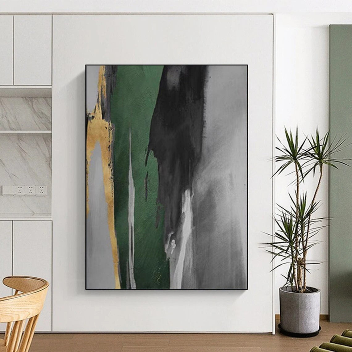 Hand-Painted Green, Black, and Gold Abstract Vertical Strokes Painting For Sale HS002