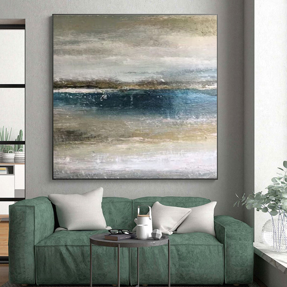 Hand-Painted Acrylic Modern Art Painting with Blue, Gray, Beige Textures - Large Contemporary Wall Art HS511