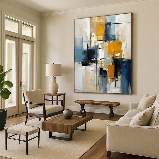 Acrylic Modern Art Paintings Blue, Yellow, and Black Geometric Abstract Painting On Canvas HS782