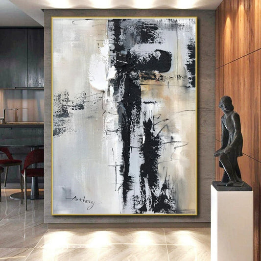 Large Contemporary Wall Art with Black, White, Gray and Beige Colors, Abstract Textured Theme HS469