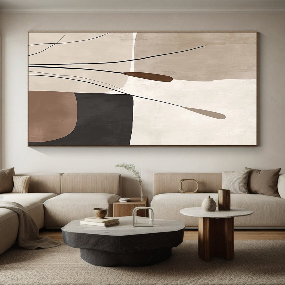 Handmade Art Beige, Brown, and Black Abstract Nature Painting For Sale HS135