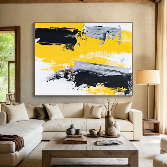 Large Size Yellow, Black, and Gray Abstract Expressive Painting For Sale HS134