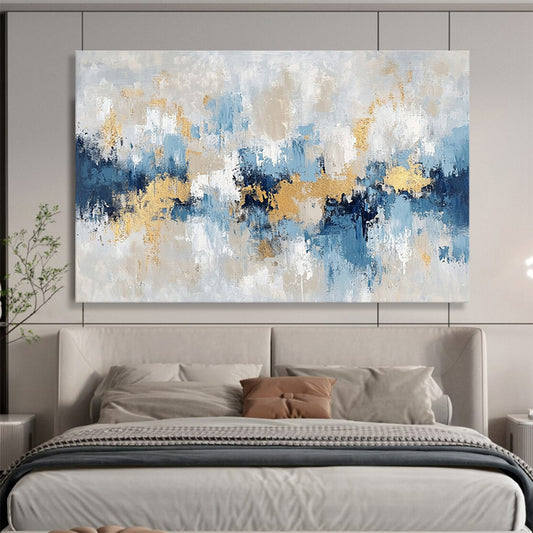 Horizontal Blue, Gray, and Gold Textured Abstract Painting WB263