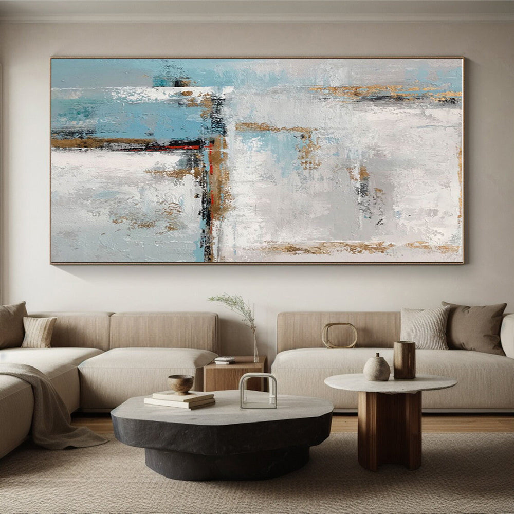 Unique Abstract Art Blue, White & Gold Textured Abstract, Large Contemporary Wall Art HS427