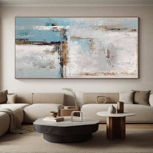 Unique Abstract Art Blue, White & Gold Textured Abstract, Large Contemporary Wall Art HS427