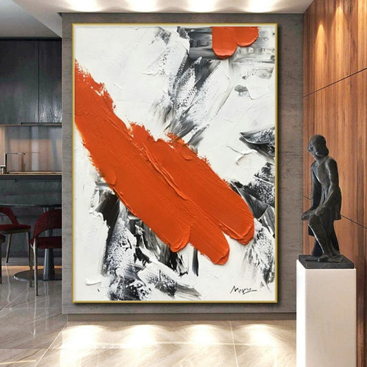 Handmade Art Cool Abstract Paintings with Orange, Black, White Textured Brushstrokes - Acrylic Modern Art Painting HS525