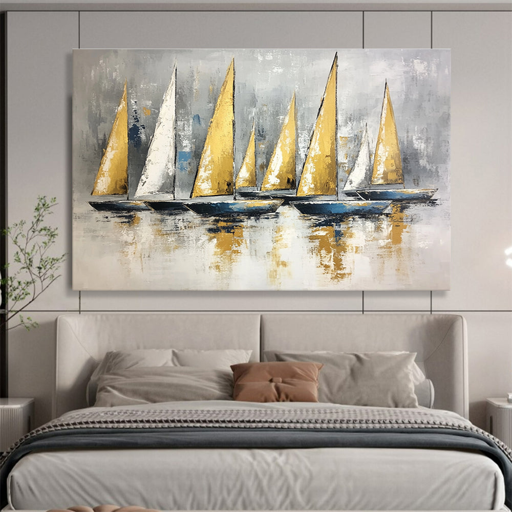 Contemporary Abstract Painting with Gray, Gold and Blue Colors, Sailboat Theme Art WB323