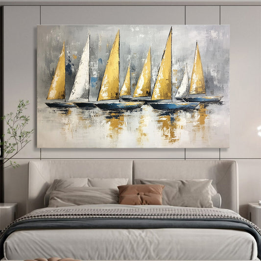 Contemporary Abstract Painting with Gray, Gold and Blue Colors, Sailboat Theme Art WB323