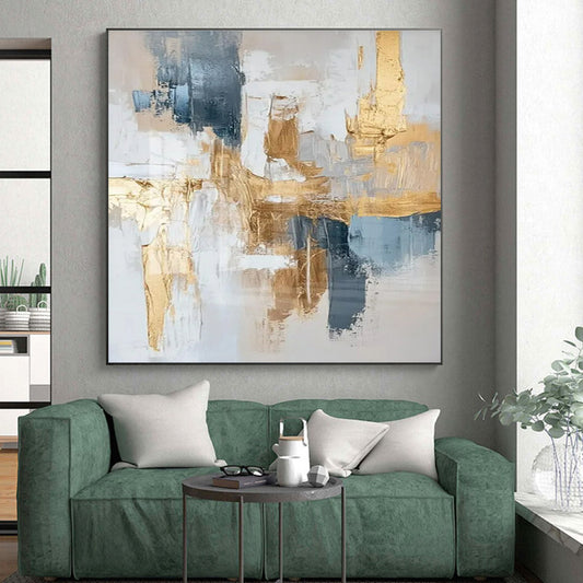 Hand Painted Art Gold, Blue, and White Textured Abstract Art HS732