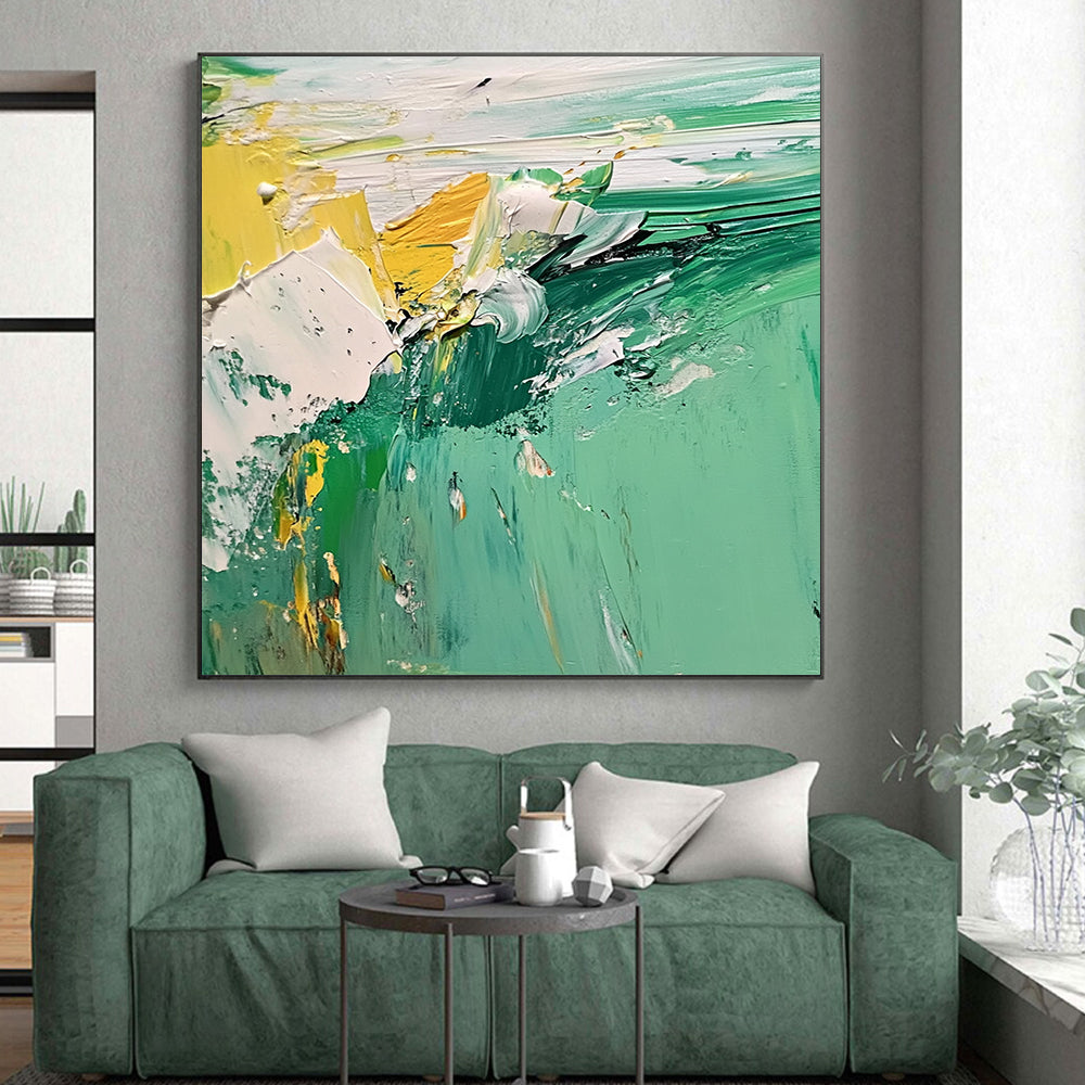 Handmade Art Green and Yellow Abstract Textured Painting For Sale HS126