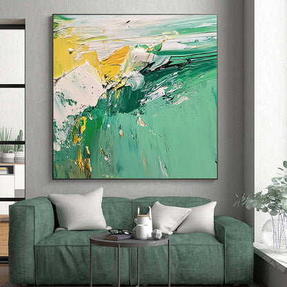 Handmade Art Green and Yellow Abstract Textured Painting For Sale HS126