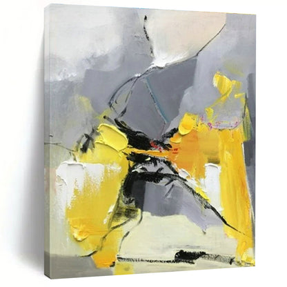 Hand-Painted Acrylic Modern Art Paintings with Yellow, Gray, Black Energetic Forms - Large Contemporary Wall Art HS526