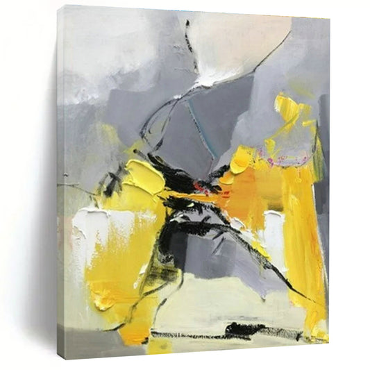 Hand-Painted Acrylic Modern Art Paintings with Yellow, Gray, Black Energetic Forms - Large Contemporary Wall Art HS526
