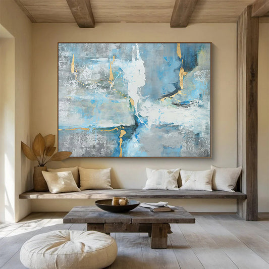 Oversized Canvas Art Blue, Gray and Gold Abstract Expressionist Painting WB132