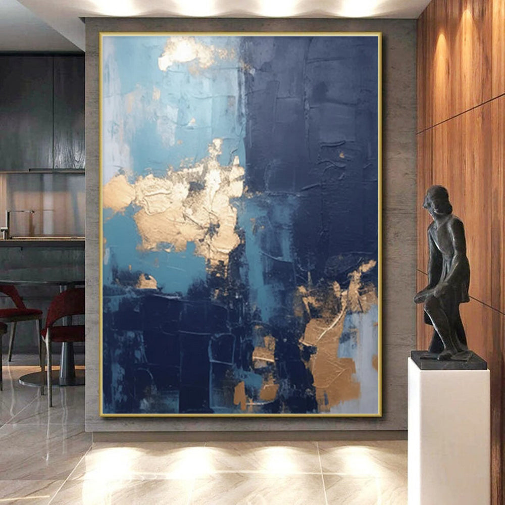 Handmade Art Teal, Gold & Gray Textured Abstract, Large Contemporary Wall Art HS233