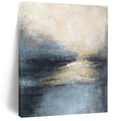 Modern Art Acrylic Blue, Gray, and Gold Textured Abstract Landscape HS707