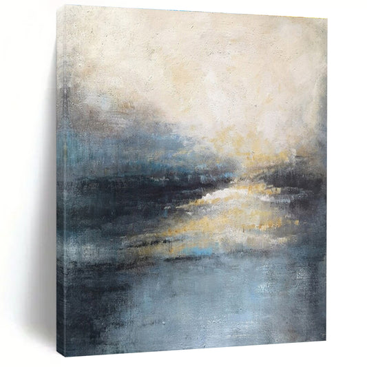 Modern Art Acrylic Blue, Gray, and Gold Textured Abstract Landscape HS707