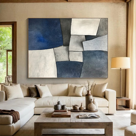 Hand Painted Art Blue, Gray, and White Abstract Shape Painting For Sale HS139