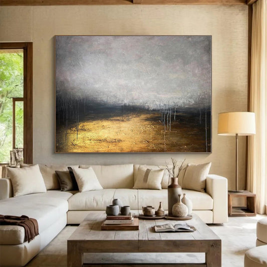 Huge Size Gray, Black and Gold Abstract Landscape Painting WB143