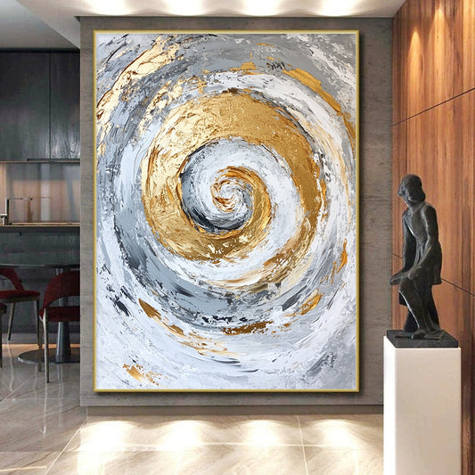 Large Contemporary Wall Art Gray, White, and Gold Abstract Spiral Painting For Sale HS138