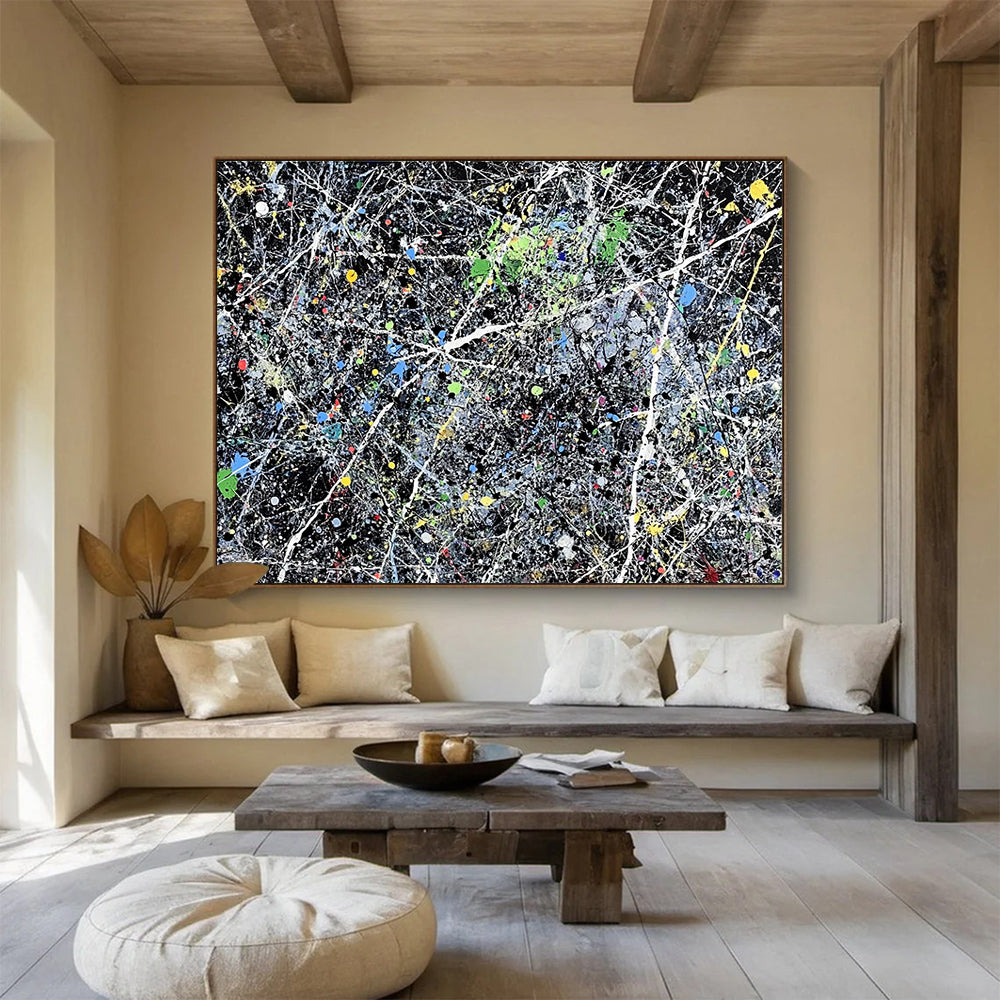 Contemporary Abstract Art with Multicolored Splatters and Black Background, Pollock - Style Abstract Theme WB311