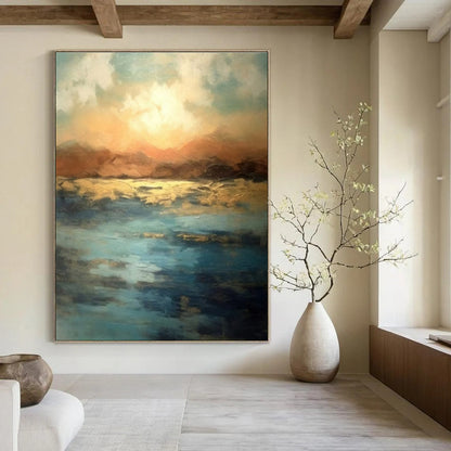 Blue, Gold, and Orange Abstract Seaside Sunset Painting For Sale Online WS491