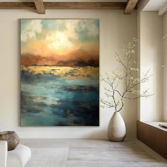 Blue, Gold, and Orange Abstract Seaside Sunset Painting For Sale Online WS491