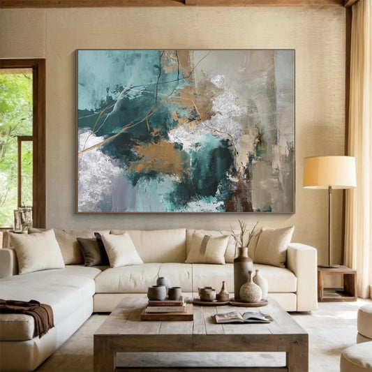 Extra Large Size Teal, Gold and Gray Abstract Textured Painting WB114