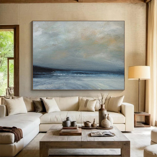 Horizontal Gray, Blue, and White Abstract Stormy Sea Scene, Abstract Oil Painting WB180