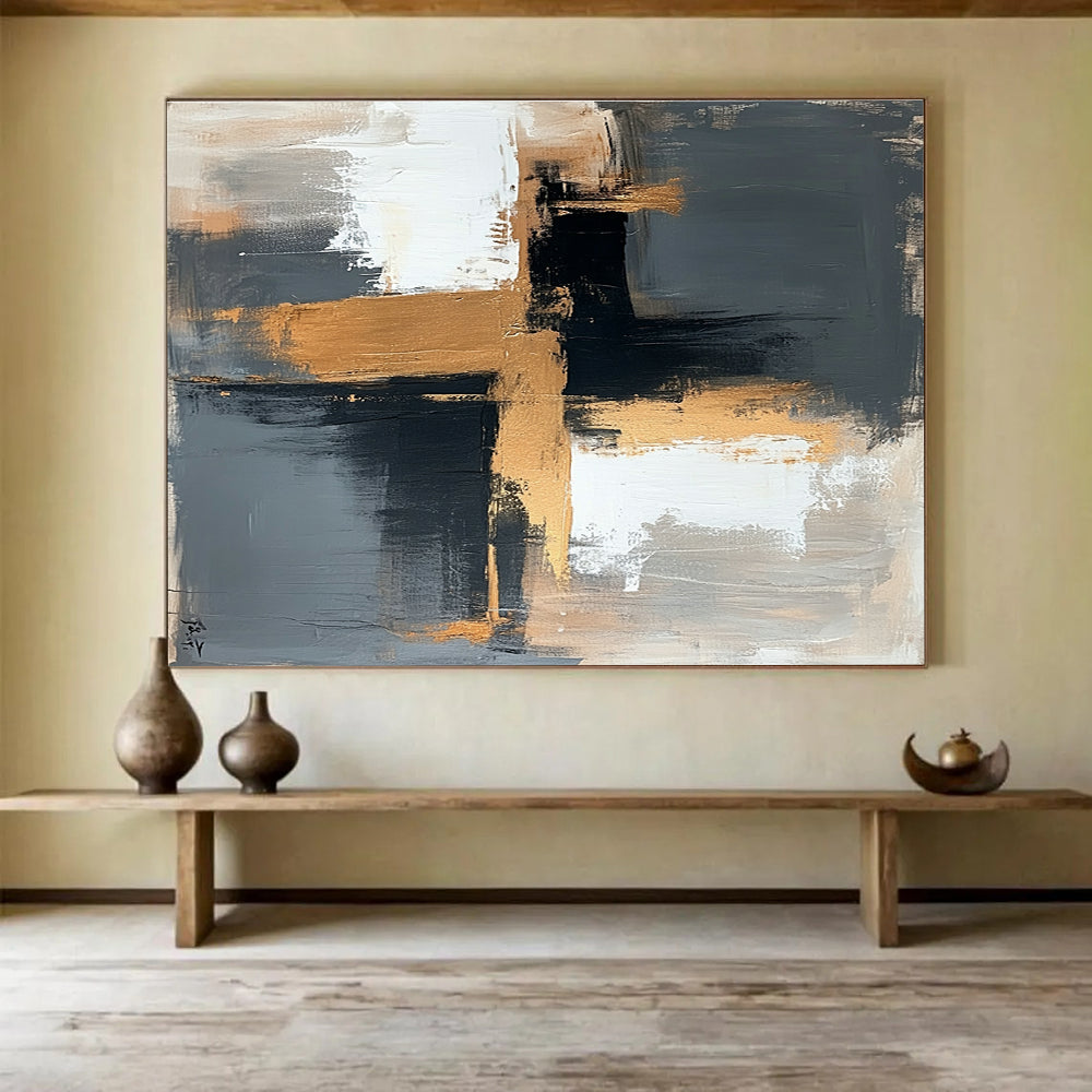 Contemporary Abstract Art with Black, White, Gold and Gray Colors, Minimalist Geometric Abstract Theme WB329