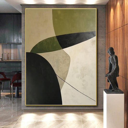 Handmade Art Green, Black, and Beige Geometric Abstract Art HS188