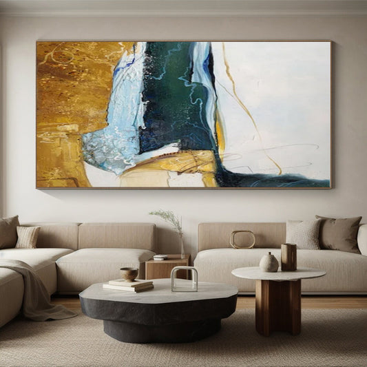 Hand Painted Art Blue, Green, and Gold Dynamic Abstract Painting On Canvas HS811