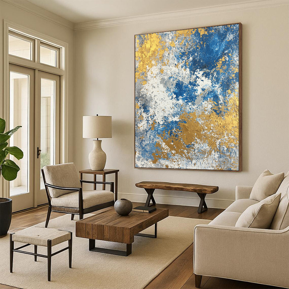 Huge Size Blue, White, and Gold Abstract Textured Painting For Sale HS117