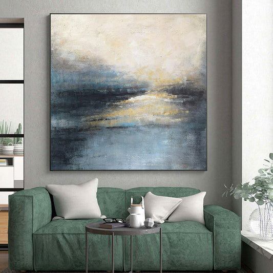 Modern Art Acrylic Blue, Gray, and Gold Textured Abstract Landscape HS713