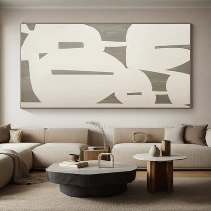 Hand-Painted White and Gray Abstract Geometric Shape Painting For Sale HS023