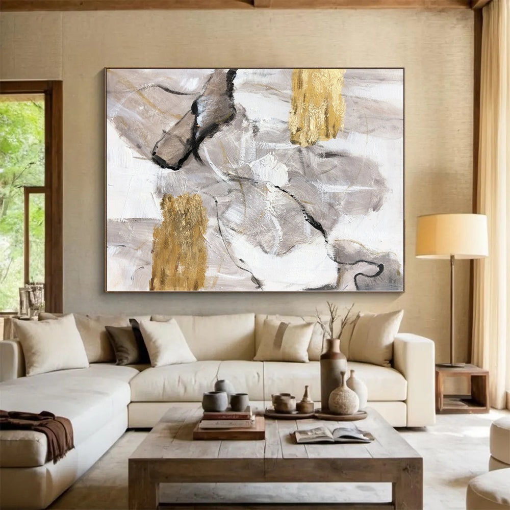 Hand-Painted Gray, White, and Gold Abstract Textured Painting For Sale HS057