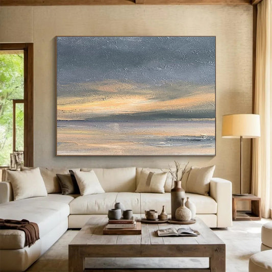 Huge Size Gray, Orange, and Multicolor Abstract Sunset Landscape, Abstract Oil Painting WB175