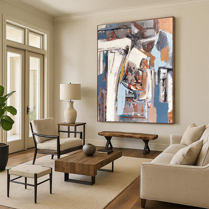 Hand Painted Art Gray, Blue & Terracotta Geometric Abstract, 48x60 Canvas Art HS215