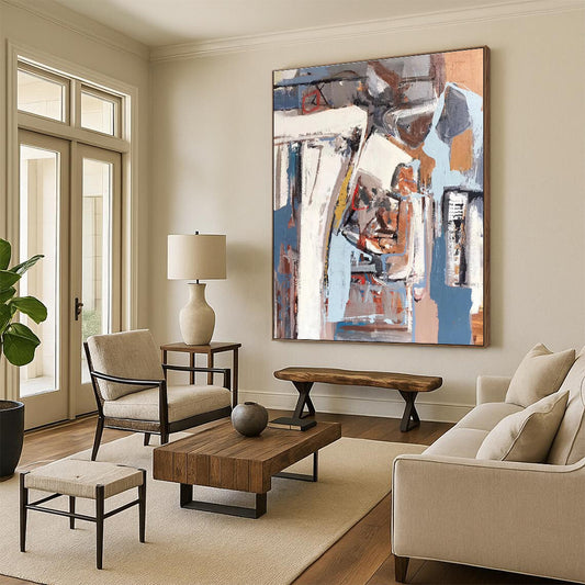 Hand Painted Art Gray, Blue & Terracotta Geometric Abstract, 48x60 Canvas Art HS215