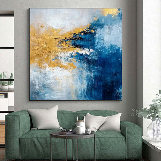 Gaint Canvas Art Blue, Gold & White Textured Abstract, Oversized Abstract Wall Art HS226