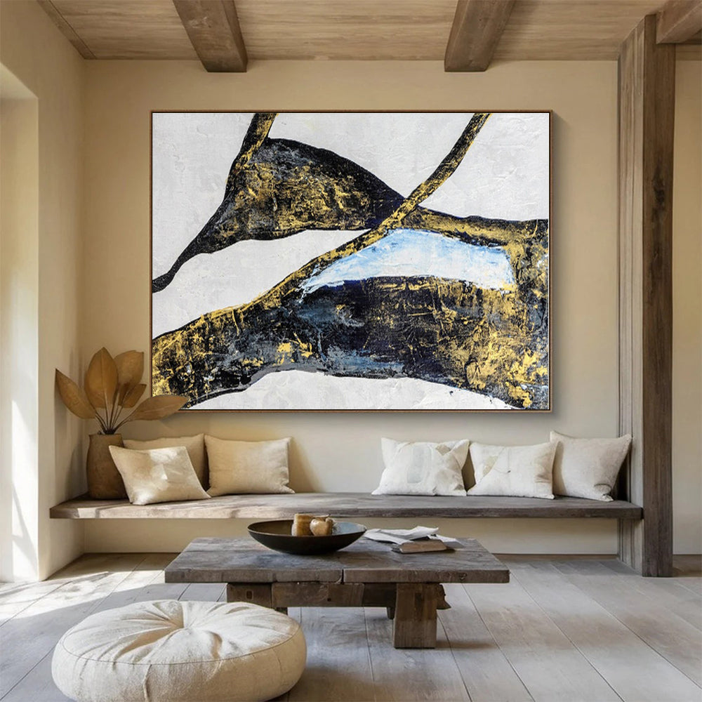 Black, Gold, Blue Abstract Shapes Painting, Abstract Acrylic Art WB009