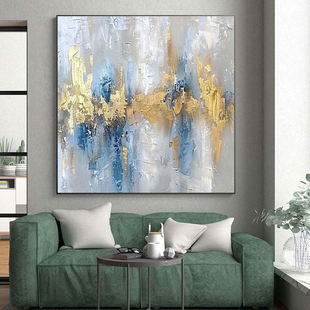 Large Painting In Living Room Blue, Gold, and Gray Textured Abstract Art HS655