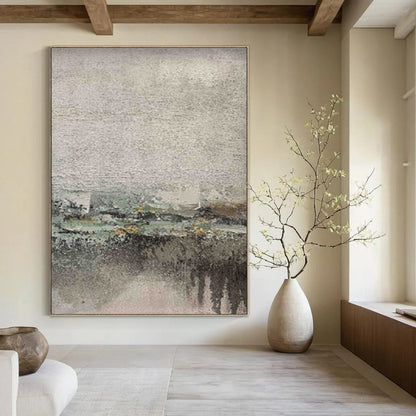 Gray, Green, and Yellow Textured Abstract Landscape Painting For Sale Online WS472