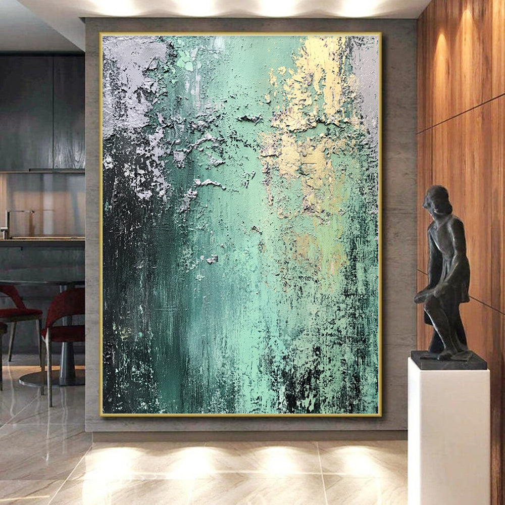 Hand Painted Art Green, Gray, and Gold Textured Abstract Art HS187