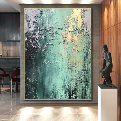 Hand Painted Art Green, Gray, and Gold Textured Abstract Art HS187