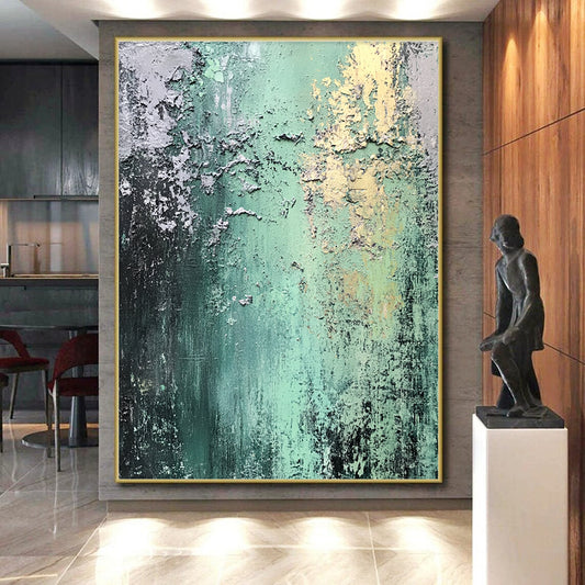 Hand Painted Art Green, Gray, and Gold Textured Abstract Art HS187